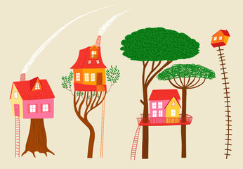 Set of cute isolated tree house illustrations