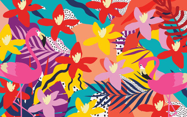 Cute garden flowers and leaves with flamingos colorful pattern. Flamingo birds with botanical elements vector illustration design for fashion, fabric, wallpaper, cards, prints 