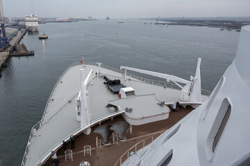 View from open decks of legendary luxury ocean liner cruise ship departure for Transatlantic Crossing from Southampton to New York	