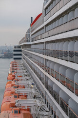 View from open decks of legendary luxury ocean liner cruise ship departure for Transatlantic...