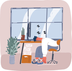 Vector illustration of Monday morning again. Tired and bored man sleeping in his office desk
