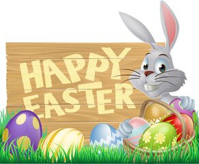 Happy Easter sign with Easter bunny rabbit and Easter eggs