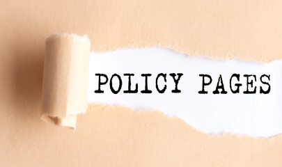 The text POLICY PAGES appears on torn paper on white background.