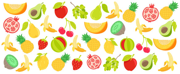 Doodle fruits. Horizontal banner background. Tropical fruit set. Juicy colors. Vector illustration.