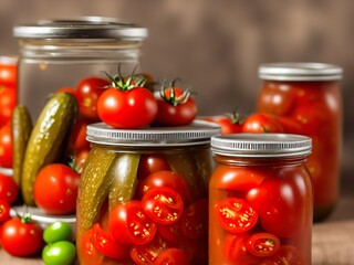 canned tomatoes and pickled cucumbers, homemade preserved vegetables for winter and autumn. Delicious vegetable cans.