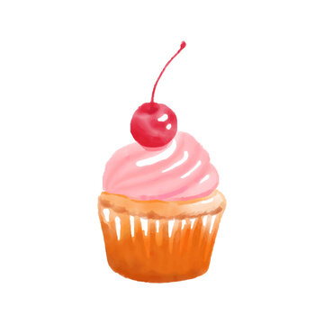 vector illustration of cupcake with cherry on top in watercolor for banners, cards, flyers, social media wallpapers, etc.
