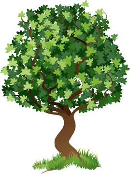 An illustration of a stylised tree with grass around its roots
