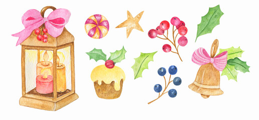 Hand drawn watercolor christmas set.Christmas elements.Lantern,cake,winter berries,sweet candy and yellow star isolated on white background.