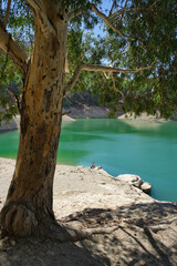 Spectacular panoramic views of the Guadalhorce reservoir, next to the Caminito del Rey in Malaga, Spain. Turquoise blue water and forest with blue sky on a sunny day.