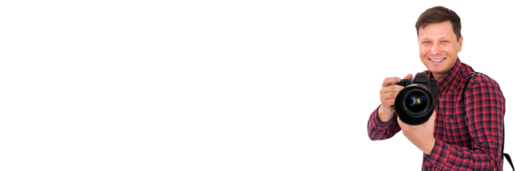 Smiling photographer. Png background.