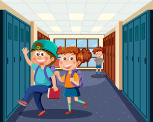 Locker room scene with school kids