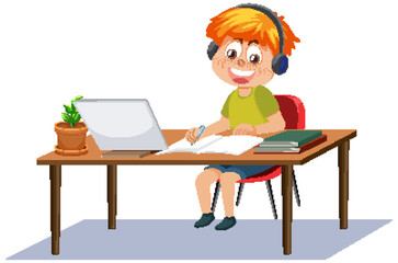 A boy studying online with tablet