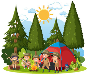 Children camping out at the forest