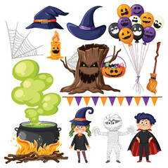 Set of halloween cartoon characters and elements