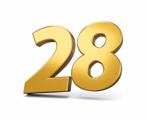 3D rendering of gold number 28 isolated on white background