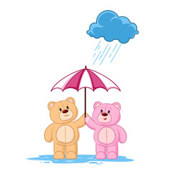 illustration of a teddy bear couple carrying umbrellas in the rain