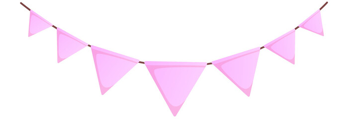 Сolorful flags on rope. Decorative flags. Bunting for party, birthday, carnival and event. Bright banners and flags of decoration. Hanging string, triangles, garland for fun.