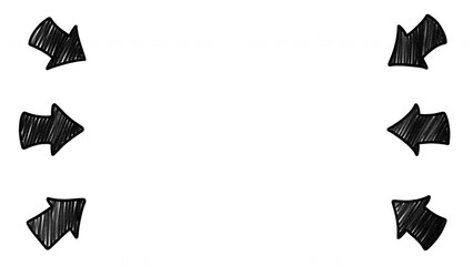 Loopable doodle arrows, stop motion animation. Six hand drawn arrows pointing to the middle of an empty white background