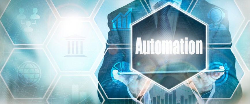 A Automation business word concept on a futuristic blue display.