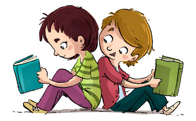 Illustration of children sitting together while reading books - 529171356