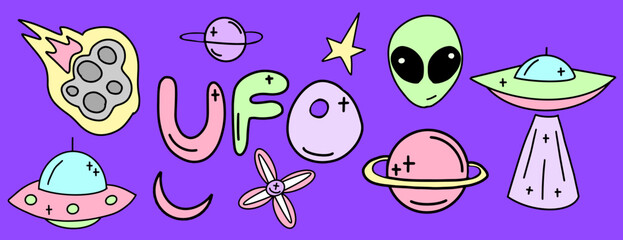 Vector Collection of ufo, aliens and space objects drawn in flat style. 