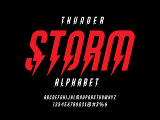 thunder bolt style alphabet design with uppercase, numbers and symbol