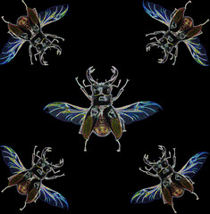 Unusual background with fantastic beetles Lucanus with wings on black, engraving style, exotic pattern, nature concept