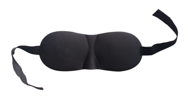 Image of eye sleep mask, black sleep accessory object, eye protection for rest night travel, blindfold on white background, fit for your design asset