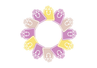 Horizontal illustration of colorful baskets or shopping bags in the form of a circle on a white background