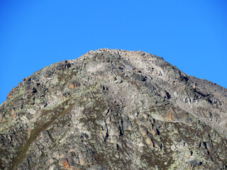 Rocky alpine peak Sentisch Horn (2826 m) of the Albula Alps mountain range in the Swiss Alps massif, Davos - Canton of Grisons, Switzerland (Kanton Graubünden, Schweiz)