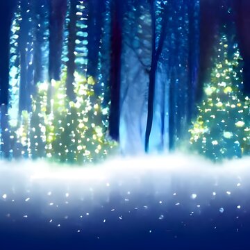 Magical forest with Christmas trees and glowing lights. illustration © Pooja