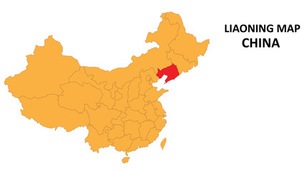 Liaoning province map highlighted on China map with detailed state and region outline.