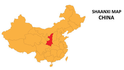 Shaanxi province map highlighted on China map with detailed state and region outline.