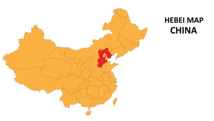 Hebei province map highlighted on China map with detailed state and region outline.