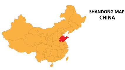 Shandong province map highlighted on China map with detailed state and region outline.
