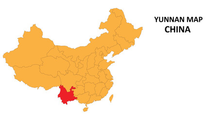 Yunnan province map highlighted on China map with detailed state and region outline.