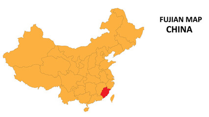 Fujian province map highlighted on China map with detailed state and region outline.
