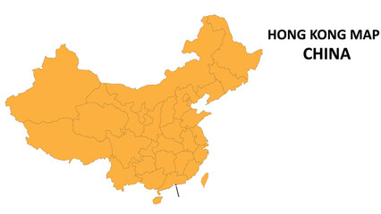 Hong Kong province map highlighted on China map with detailed state and region outline.