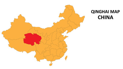 Qinghai province map highlighted on China map with detailed state and region outline.