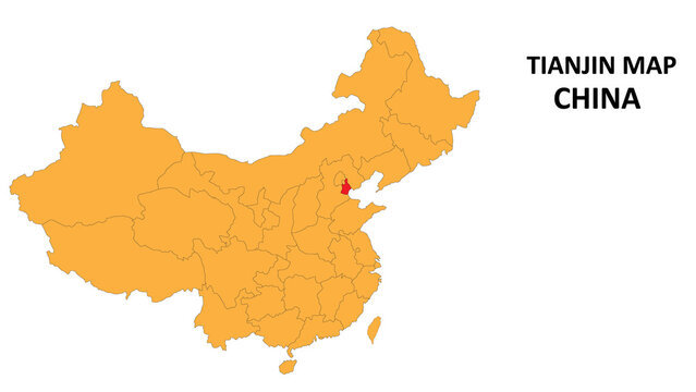 Tianjin Province Map Highlighted On China Map With Detailed State And Region Outline.