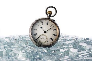 Antique silver pocket watch among shiny crystals or sparkling glass splinters. Round retro clock...