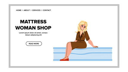 Obraz premium mattress woman shop vector. bed furniture, sleep people, soft memory mattress woman shop web flat cartoon illustration