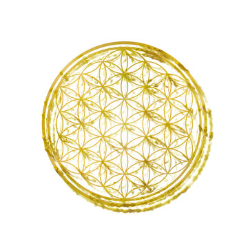 PNG Golden Gold Flower Of Life Circle Symbol Sign.Sacred Geometry Background.Yellow Paint Round Circles Icon Stamp.Meditation.Mandala.T Shirt Print Design.Wall Decoration Element.