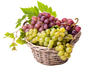 Bunches of white and pink grapes in a wicker basket - obrazy, fototapety, plakaty