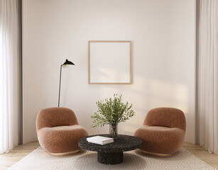 modern chic living area with curve white wall, orange armchair, black terrazzo coffee table, glass vase, plant floor lamp, empty frame and carpet interior 3d render