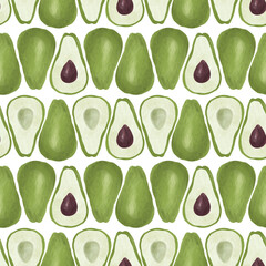 Seamless raster pattern with avocado for vegetarians. Natural style, green and brown tones. Kitchen utensils, textiles and wrapping paper.