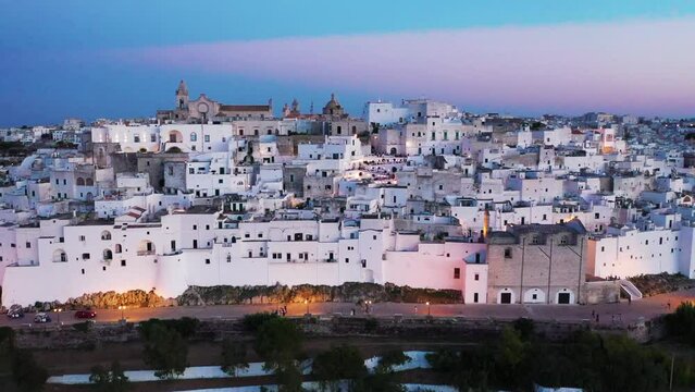 Aerial shot of Ostuni at sunset  