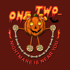 Funny vintage emblem with counting rhyme, candy, bat, pumpkin head like mischievous little girl with freckles. Girl jumping with a skipping rope. Text Nightmare is near you. Red background
