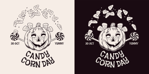 Halloween vintage emblem with candy corn, pumpkin head stylized as smiling mischievous little girl with freckles. Patch for Candy Corn Day. Monochrome vector illustration on a dark, white background