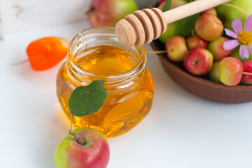 The harvest of apples in the basket. Flower honey, apple spas